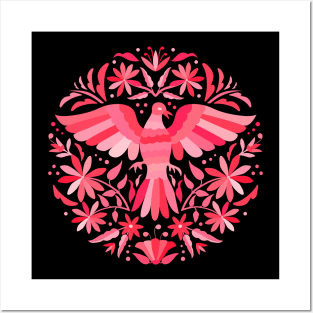 Flying Bird - Mexican Otomí Stamp Design in Pink Shades by Akbaly Posters and Art